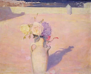Blumen in einer Vase vor einem Hintergrund von Mustapha, Algier, 1891
